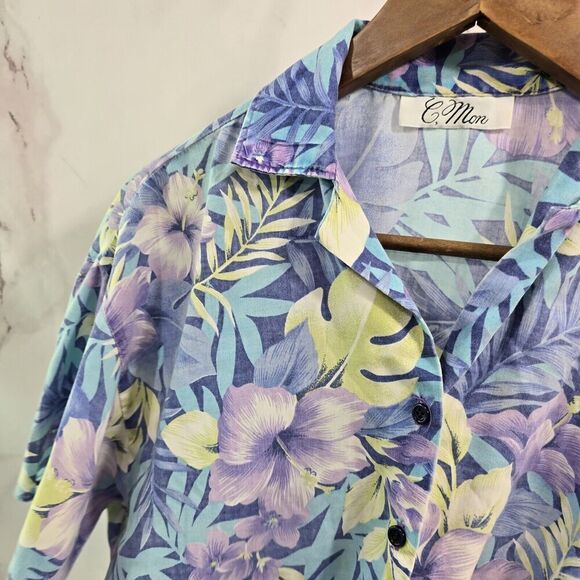 Vintage Shirt Womens Medium 90s Blue Purple Floral Button Up Short Sleeve Camp - Picture 2 of 9